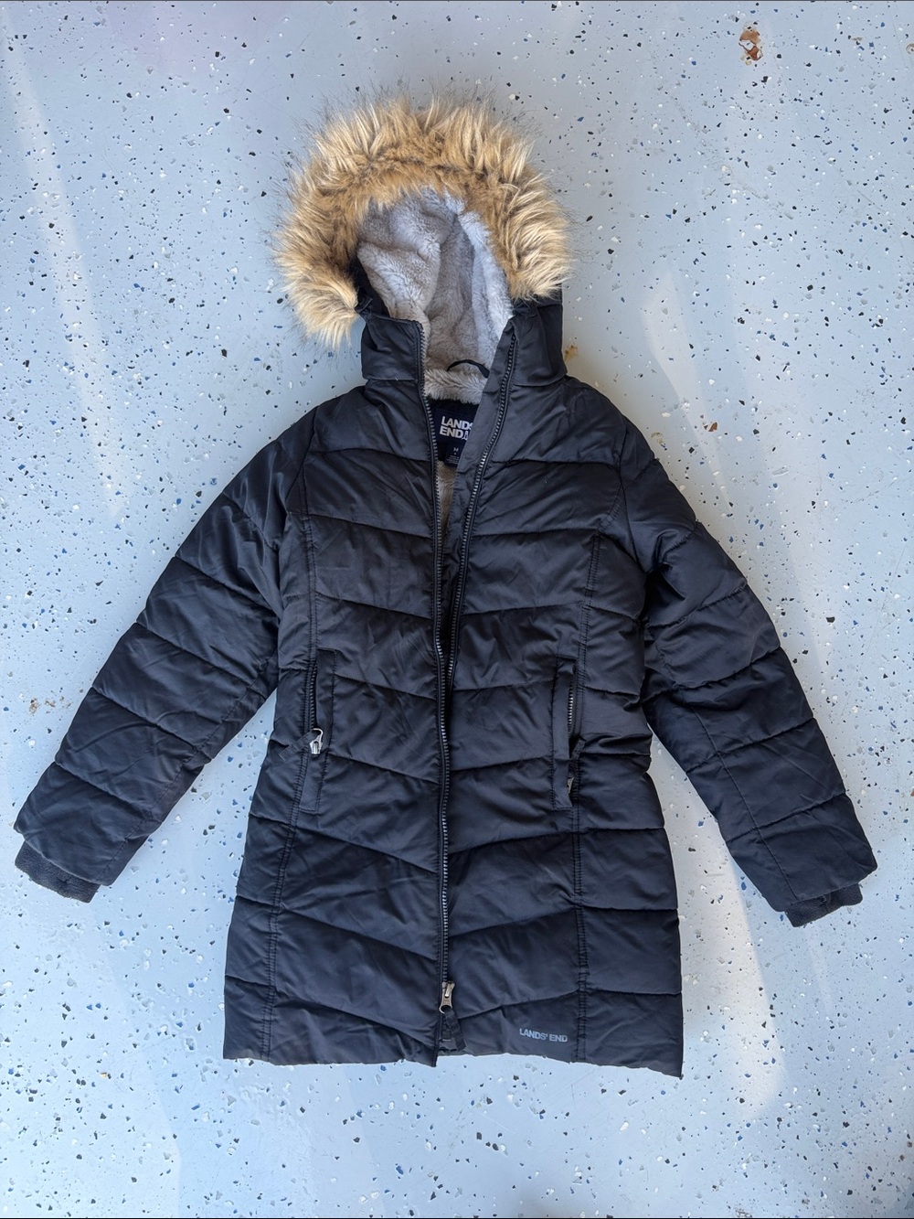 Lands' End Black Quilted Coat with Faux Fur-Trim Hood